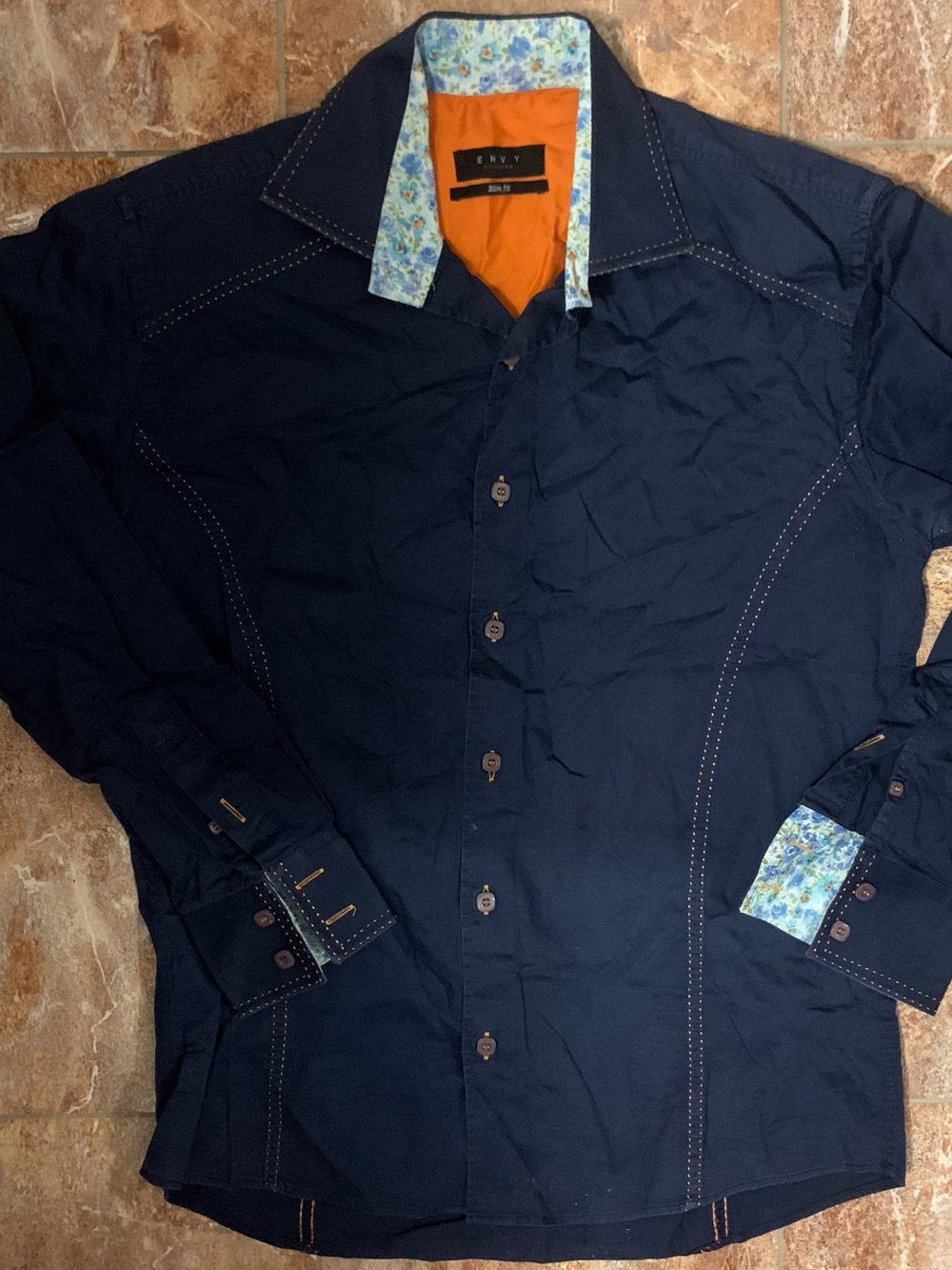 envy Men's Navy Blue Dress Shirt with Floral Trim and Orange Inner Yoke